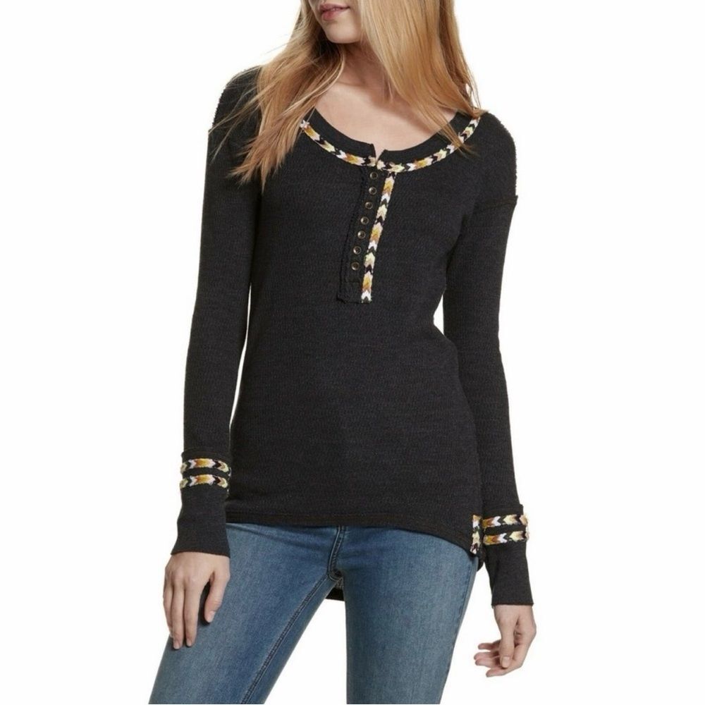 We The Free Womens Rainbow Henley Thermal Top Medium Black Waffle Knit Boho